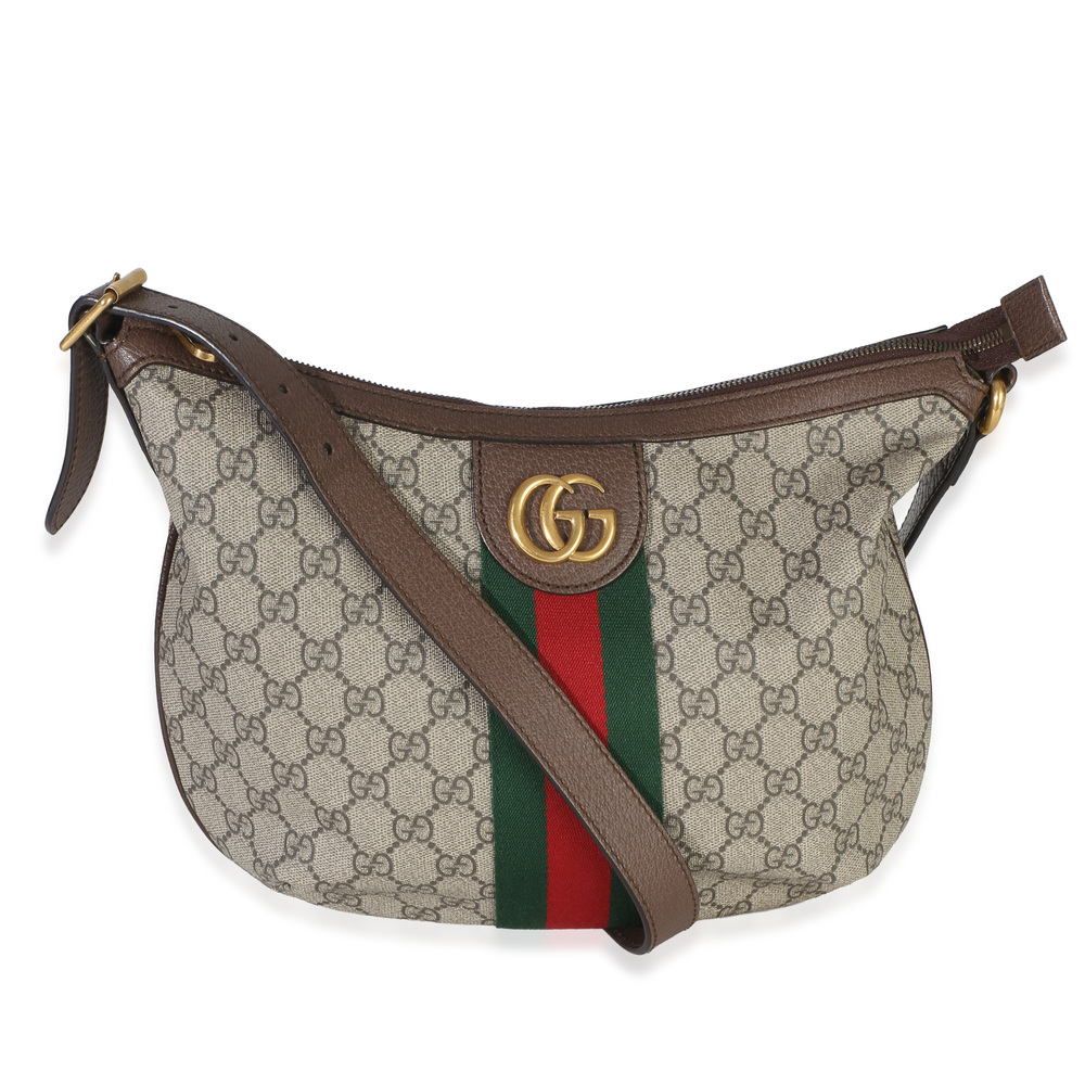 Gucci Brown Beige GG Supreme Canvas Dollar Calfskin Web Small Ophidia Half Moon